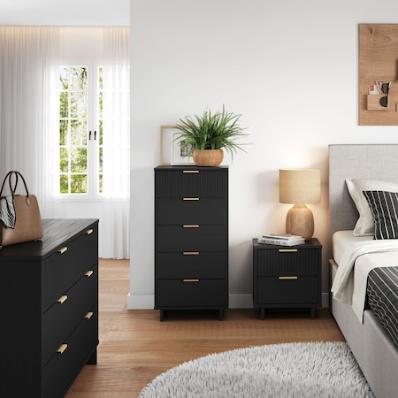 Manhattan Comfort Granville Black 5-Drawer Tall Dresser, 6-Drawer Double Dresser, and 2-Drawer Nightstand, Set of 3 GRAN072